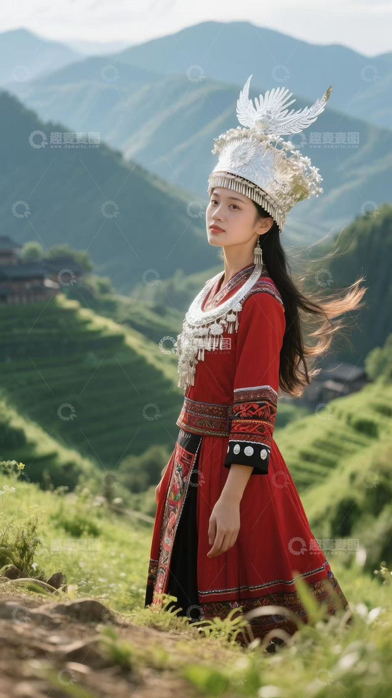 高清大图下载【趣麦麦图】苗岭山间的民族风情：红装少女与山水