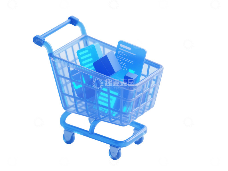 高清大图下载【趣麦麦图】免扣三维图形蓝色购物车素材 1