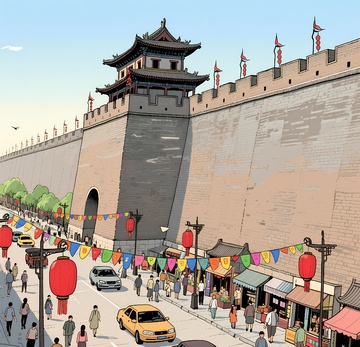 西安古城墙绘画