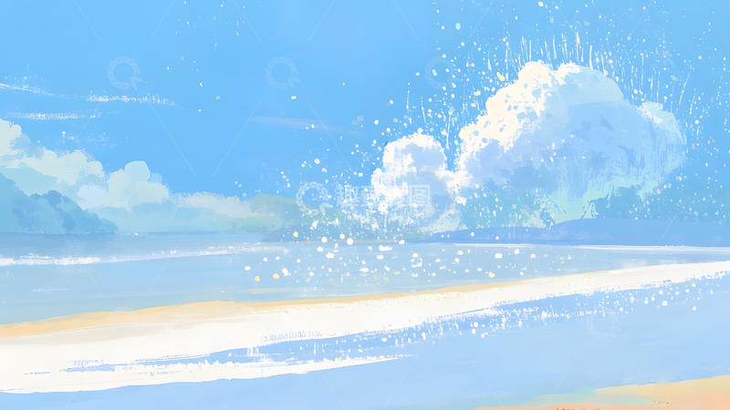 高清大图下载【趣麦麦图】蓝天海浪风景背景插画