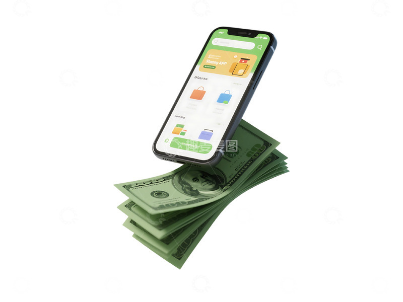 高清大图下载【趣麦麦图】免扣手机与下降的绿色美元堆栈 