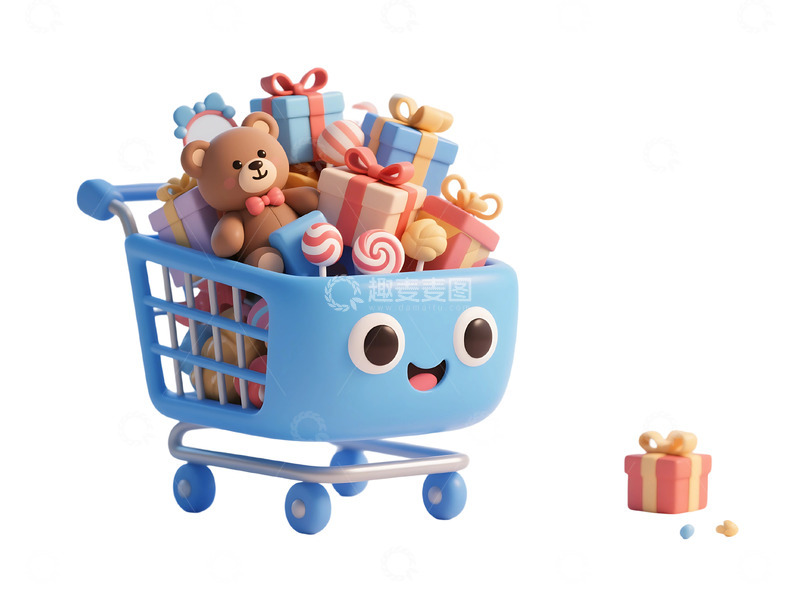 高清大图下载【趣麦麦图】免扣装满礼物商品的蓝色购物车 