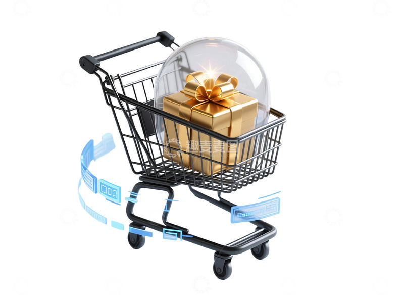 高清大图下载【趣麦麦图】免扣立体免抠黑金购物车礼盒插画 