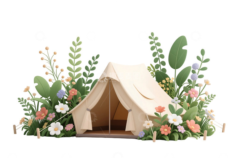 高清大图下载【趣麦麦图】免抠三维植物花卉与帐篷 