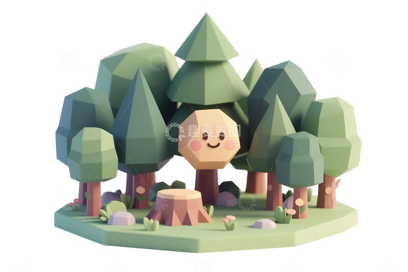 高清大图下载【趣麦麦图】免抠卡通低边形风格小森林插图 