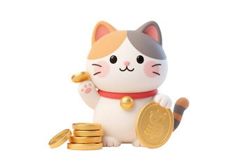 免抠可爱的招财猫与金币 