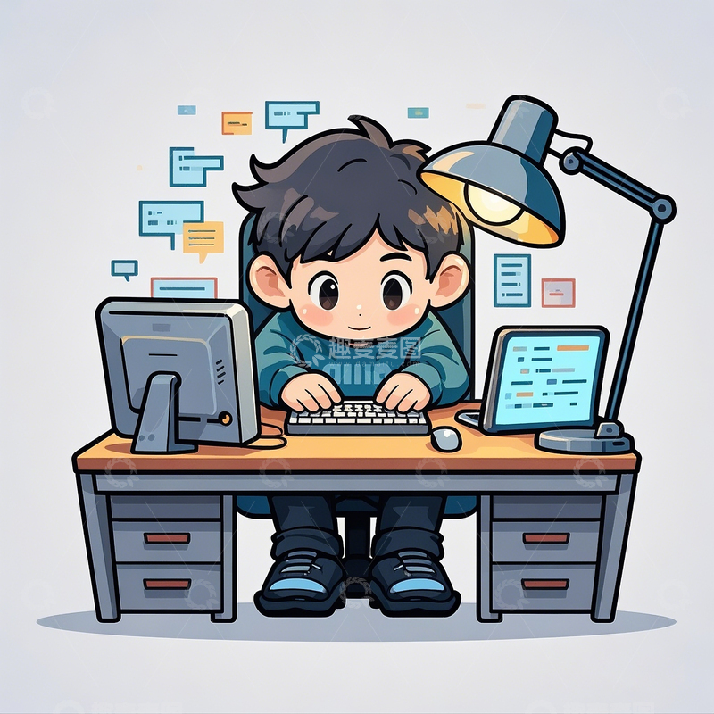 高清大图下载【趣麦麦图】Q版卡通手绘插画工作的程序员