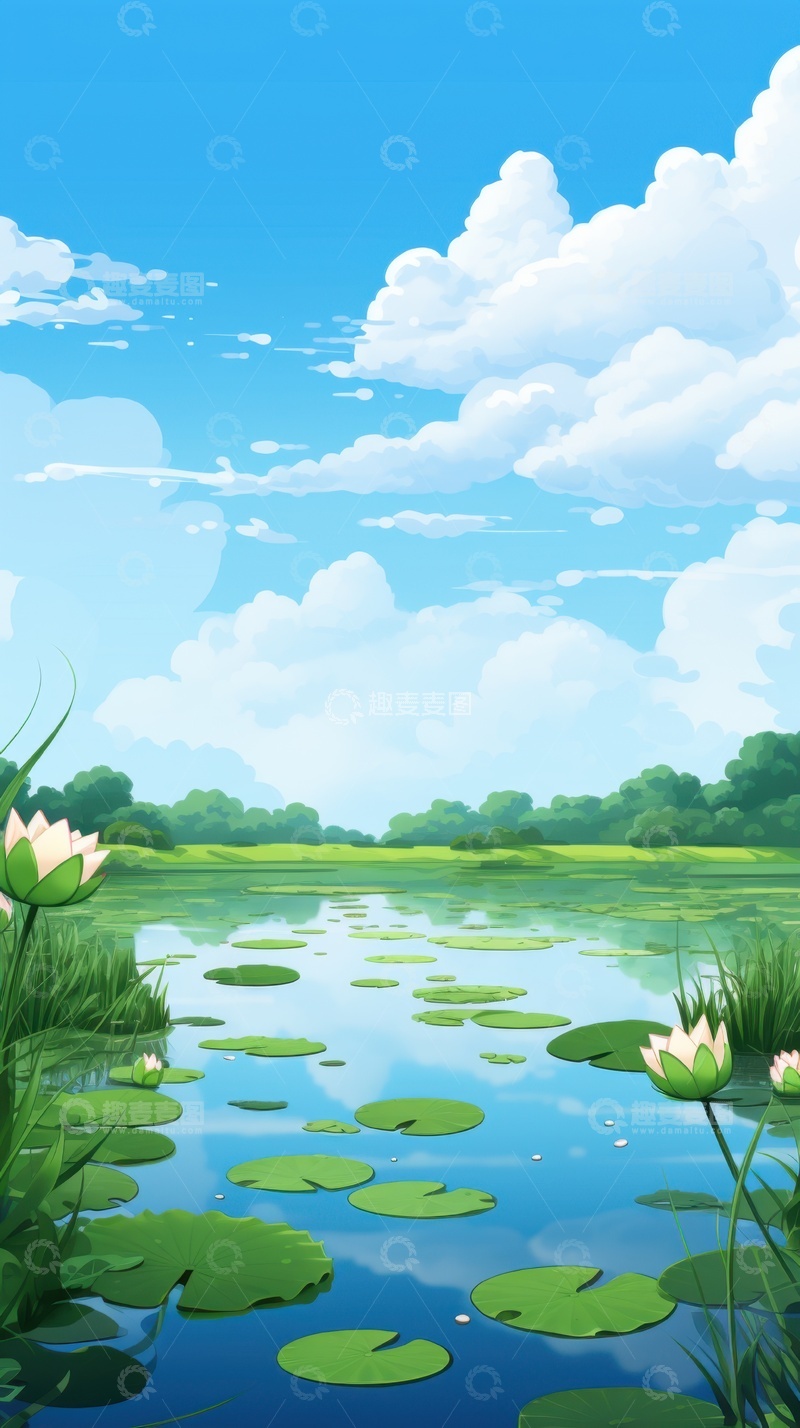 高清大图下载【趣麦麦图】卡通简约荷叶池塘背景