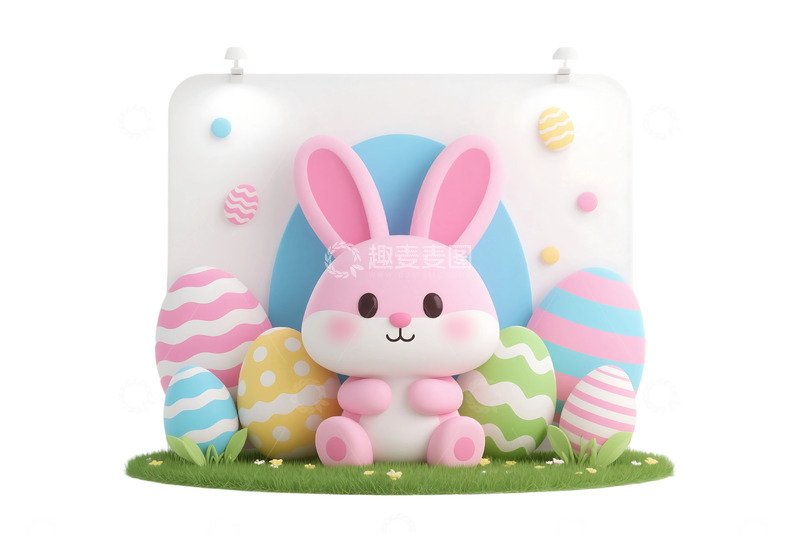 高清大图下载【趣麦麦图】免抠复活节粉彩兔子展台横幅 