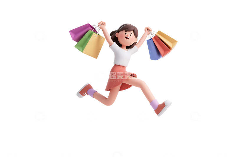高清大图下载【趣麦麦图】免抠拿着购物袋跳起来的女孩 