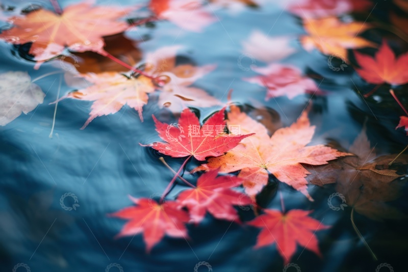 高清大图下载【趣麦麦图】水面漂浮的红色枫叶