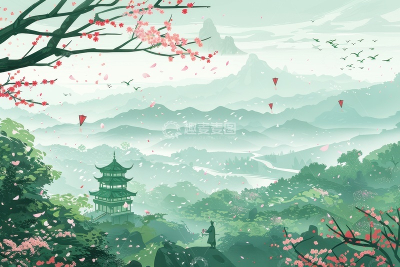 高清大图下载【趣麦麦图】手绘简约清明时节远山青黛