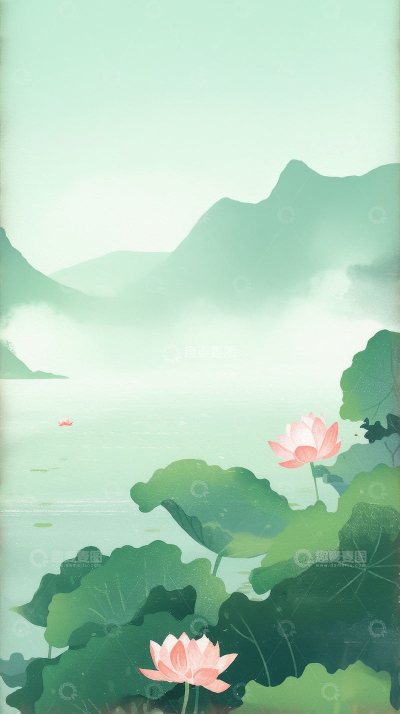 高清大图下载【趣麦麦图】手绘古风新中式荷塘背景