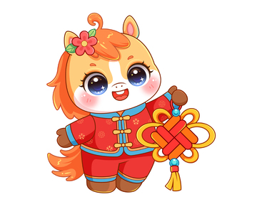 可爱马手拿中国结矢量插画