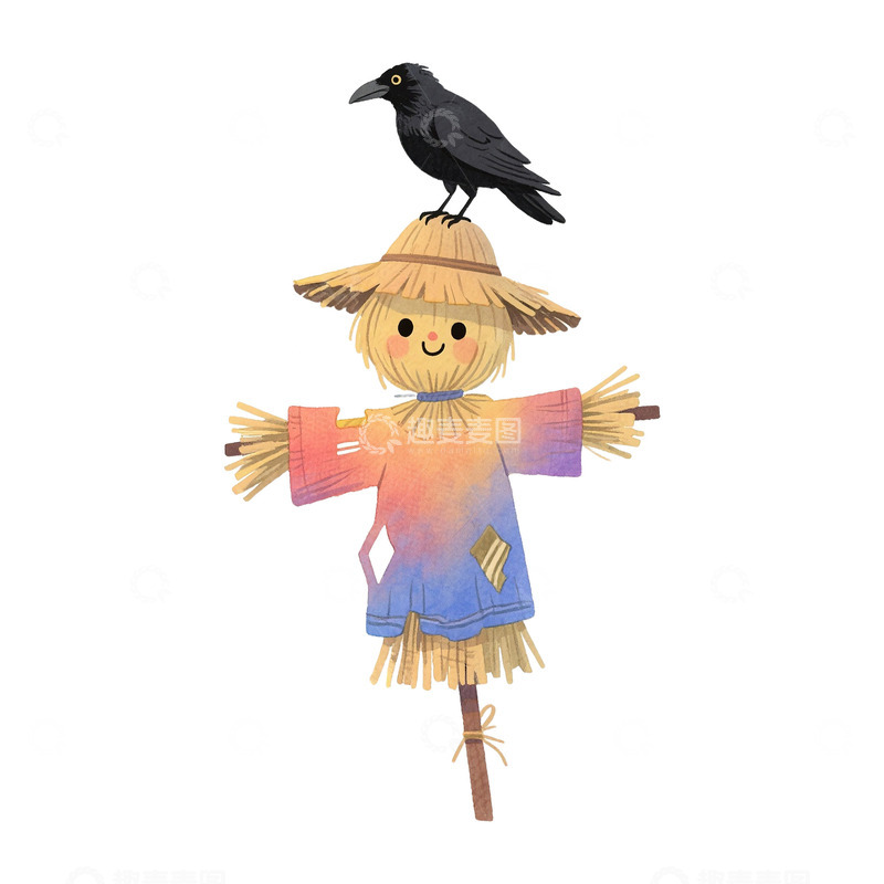 高清大图下载【趣麦麦图】秋季稻草人和乌鸦免抠元素1