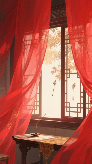 古风插画红绡透窗影