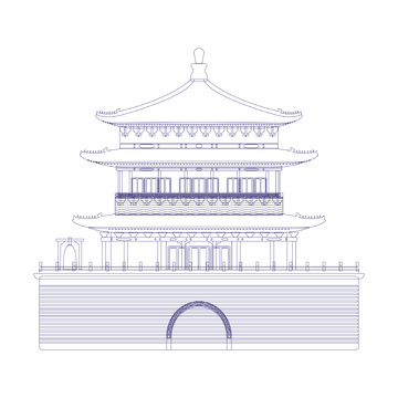西安钟楼城楼城门建筑线稿地标景点