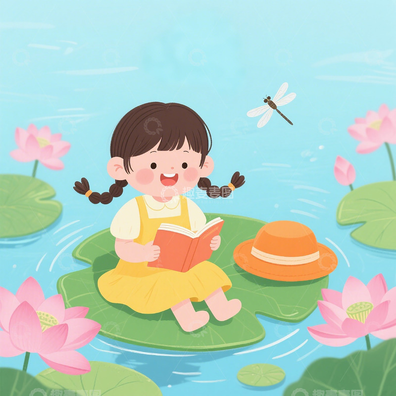 高清大图下载【趣麦麦图】儿童插画小女孩荷塘阅读童趣素材