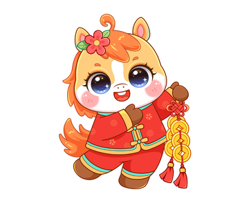 可爱马手拿铜钱串矢量插画