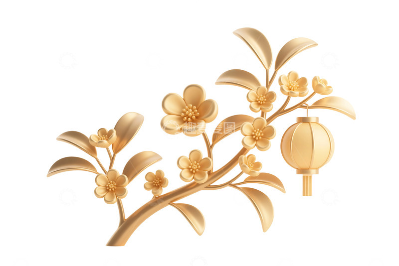 高清大图下载【趣麦麦图】免抠的金色立体中秋节桂花枝元素 1