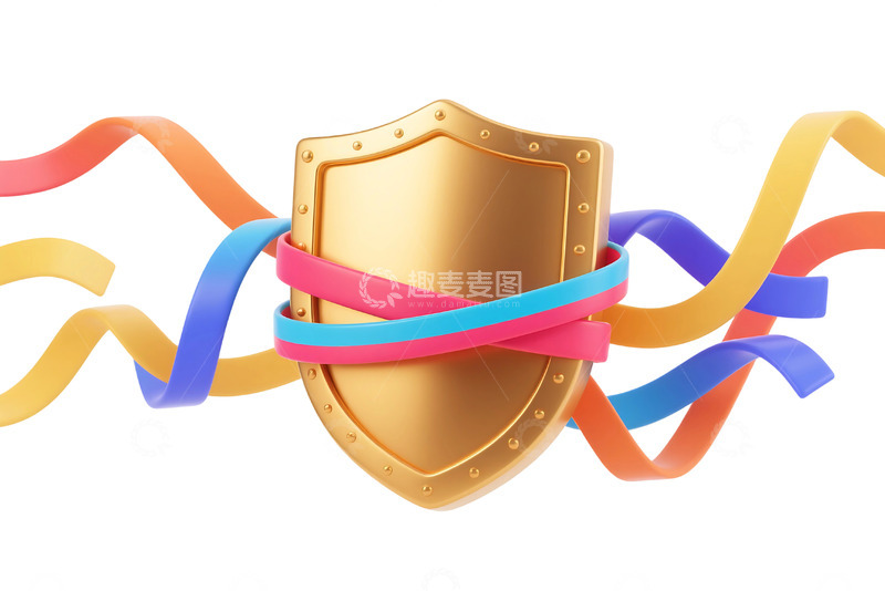 高清大图下载【趣麦麦图】免抠立体彩带包裹着金色盾牌 