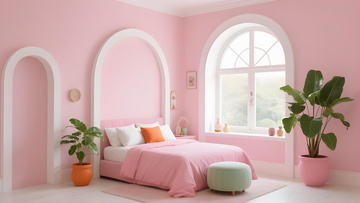粉色甜美少女卧室房间满墙柔粉色拱形设计