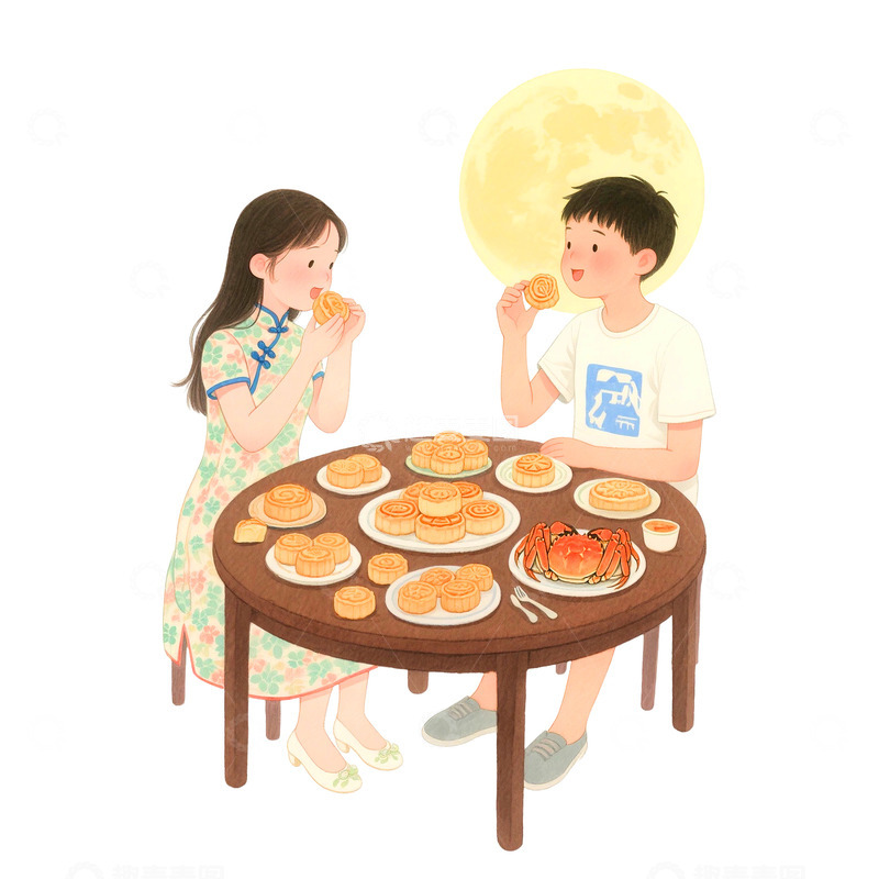 高清大图下载【趣麦麦图】中秋节情侣吃月饼免抠元素