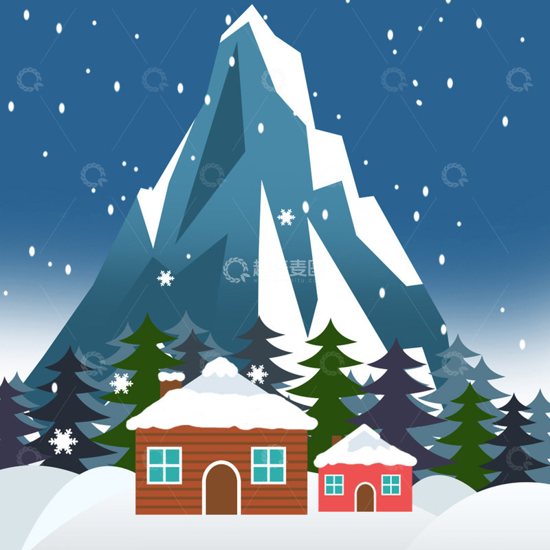 高清大图下载【趣麦麦图】雪山下的木屋手绘