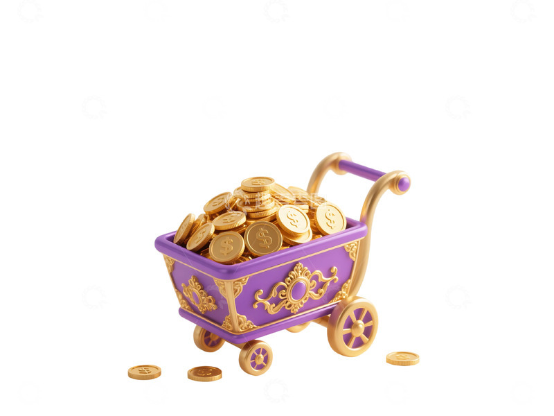 高清大图下载【趣麦麦图】免抠紫色小推车和金币插画图标 