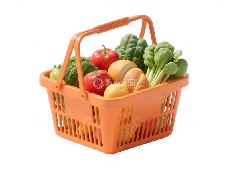 高清大图下载【趣麦麦图】免抠立体电商超市橙色购物篮元素 