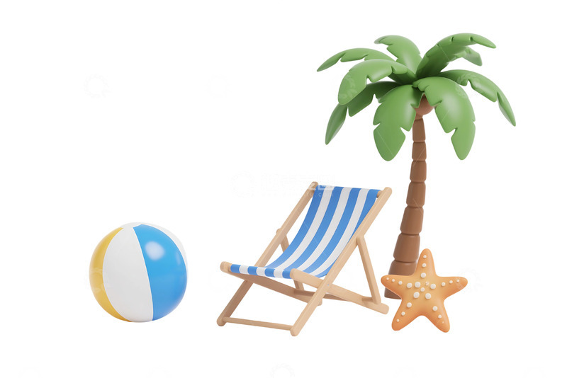 高清大图下载【趣麦麦图】免抠躺椅、游泳球、海星和棕榈树 