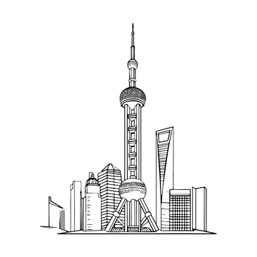 黑白简约城市线稿地标