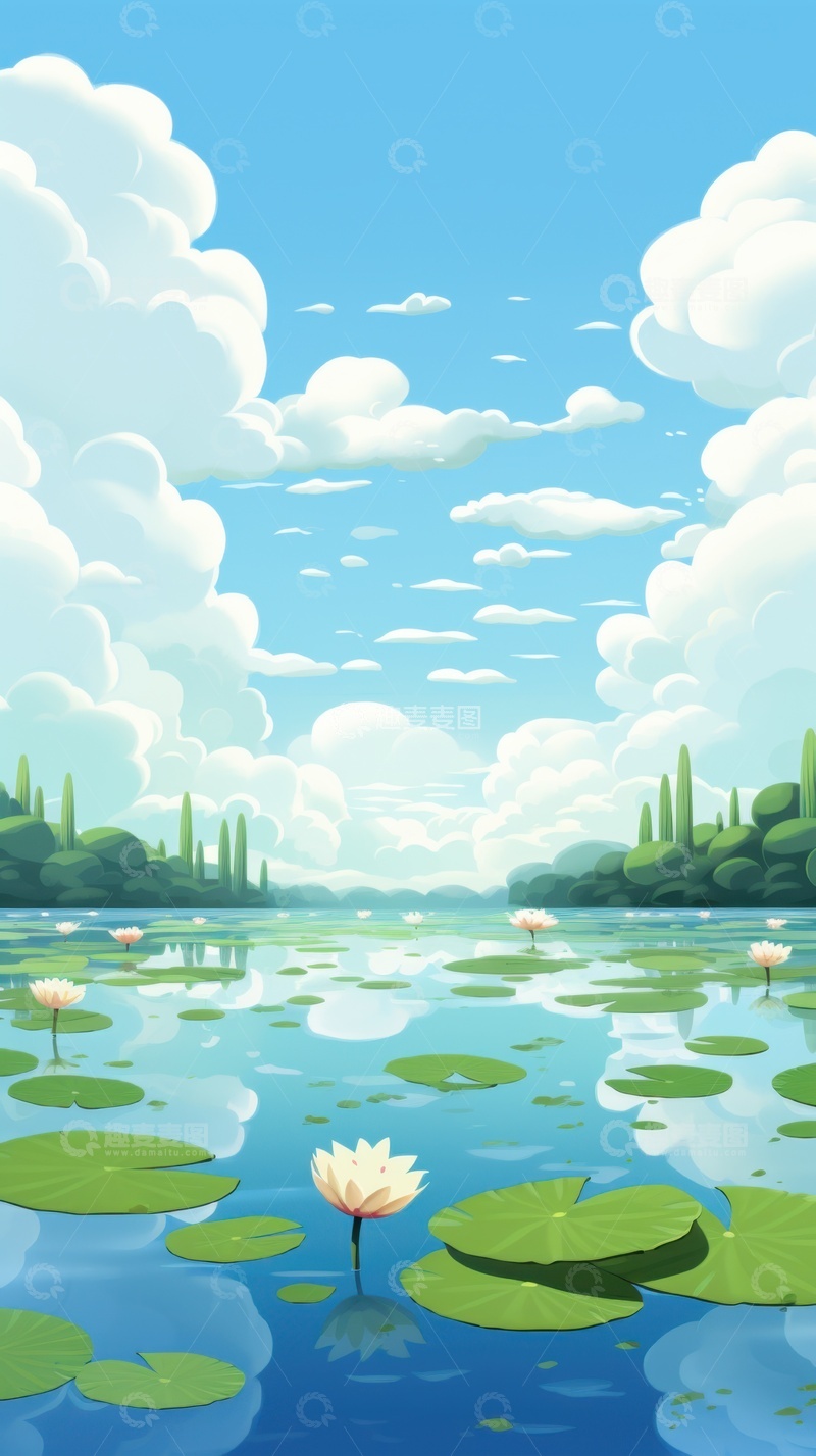 高清大图下载【趣麦麦图】水彩荷塘湖面荷叶插画