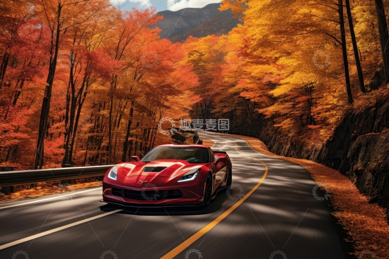 高清大图下载【趣麦麦图】秋季行驶在公路上的红色轿车