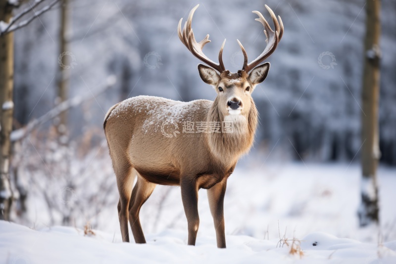 高清大图下载【趣麦麦图】冬季树林里的一头麋鹿