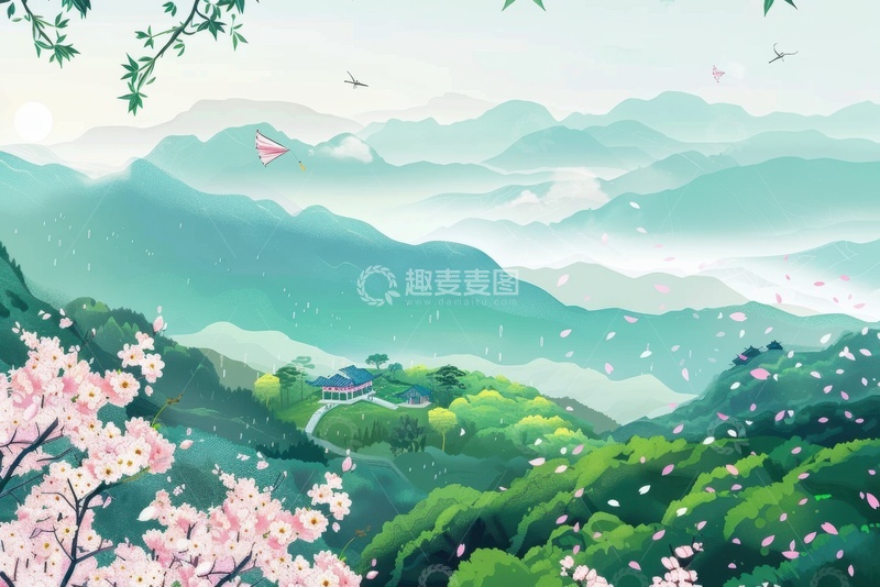 高清大图下载【趣麦麦图】远山青山插画风景