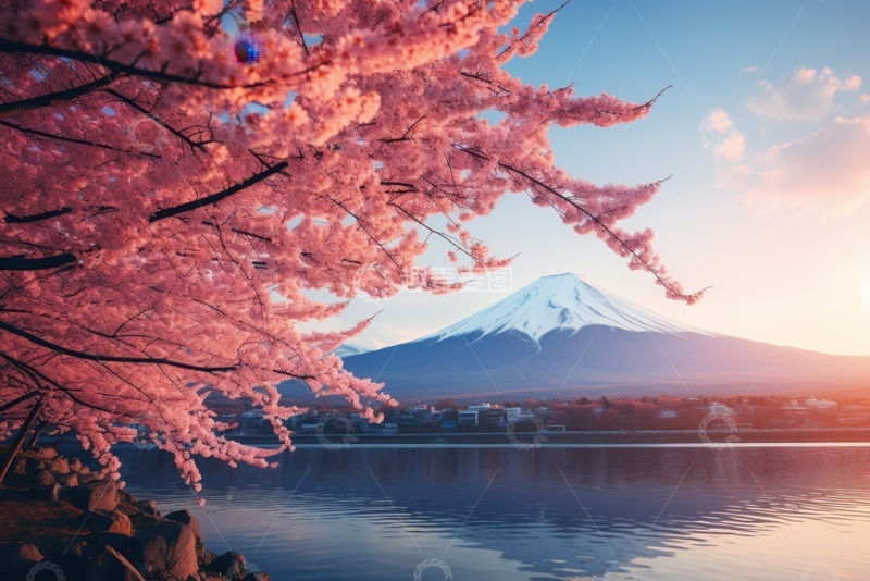 高清大图下载【趣麦麦图】桃花树枝富士山美景