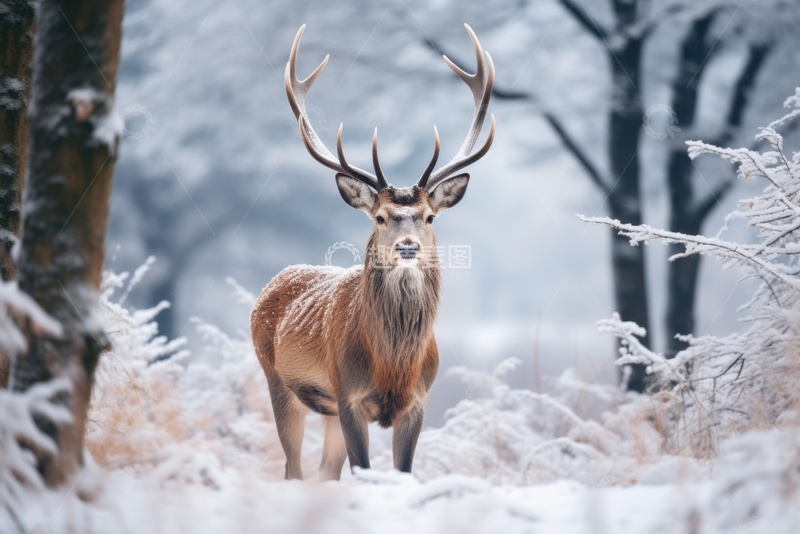 高清大图下载【趣麦麦图】冬季树林里的一头麋鹿1