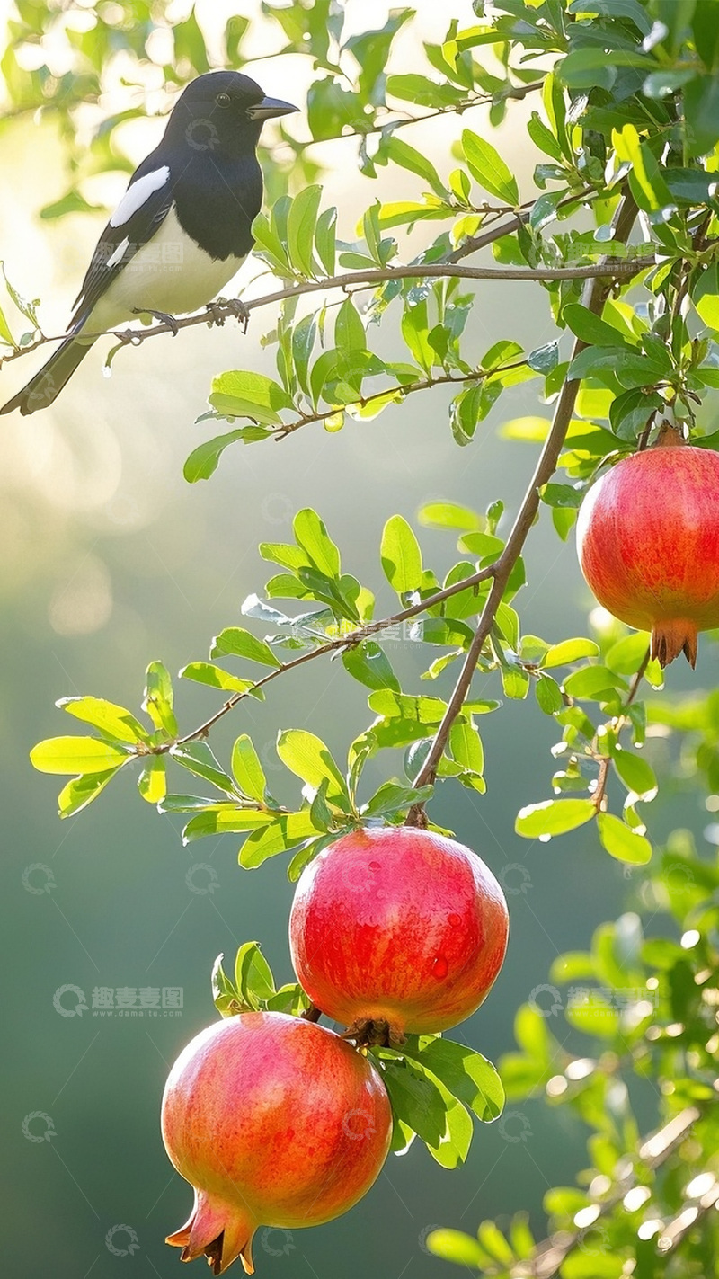 高清大图下载【趣麦麦图】枝头上的石榴喜鹊6