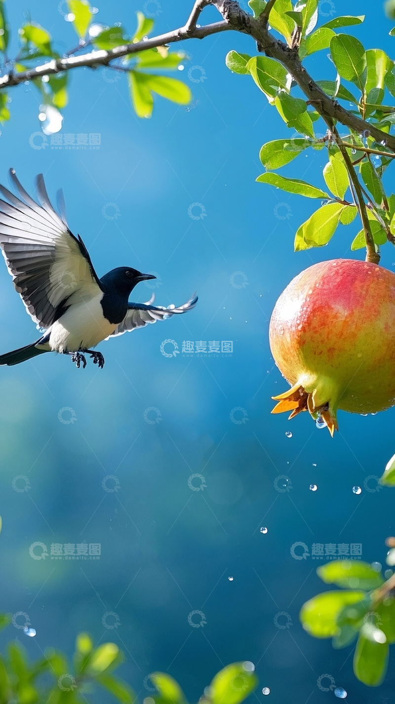 高清大图下载【趣麦麦图】枝头上的石榴喜鹊8