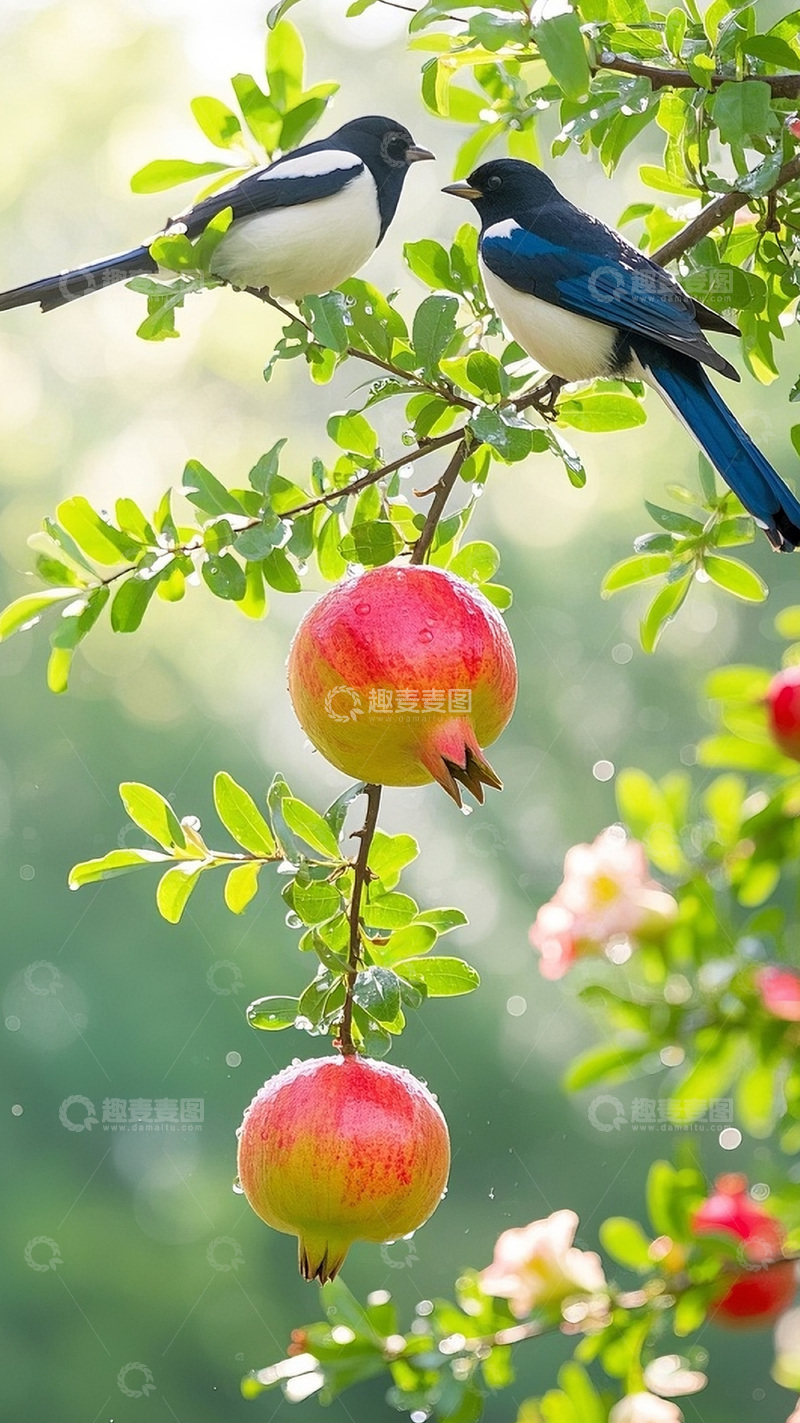 高清大图下载【趣麦麦图】枝头上的石榴喜鹊14