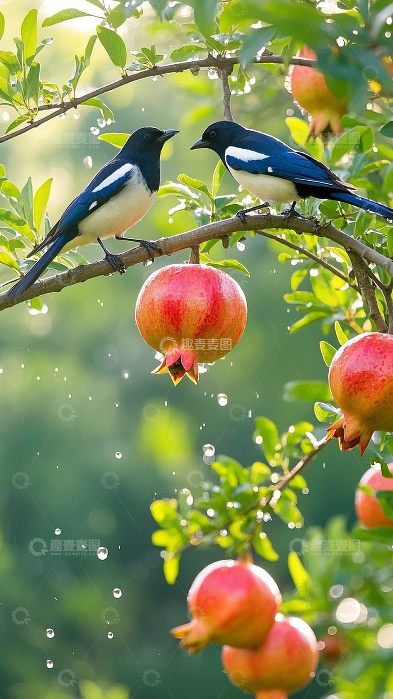 高清大图下载【趣麦麦图】枝头上的石榴喜鹊4