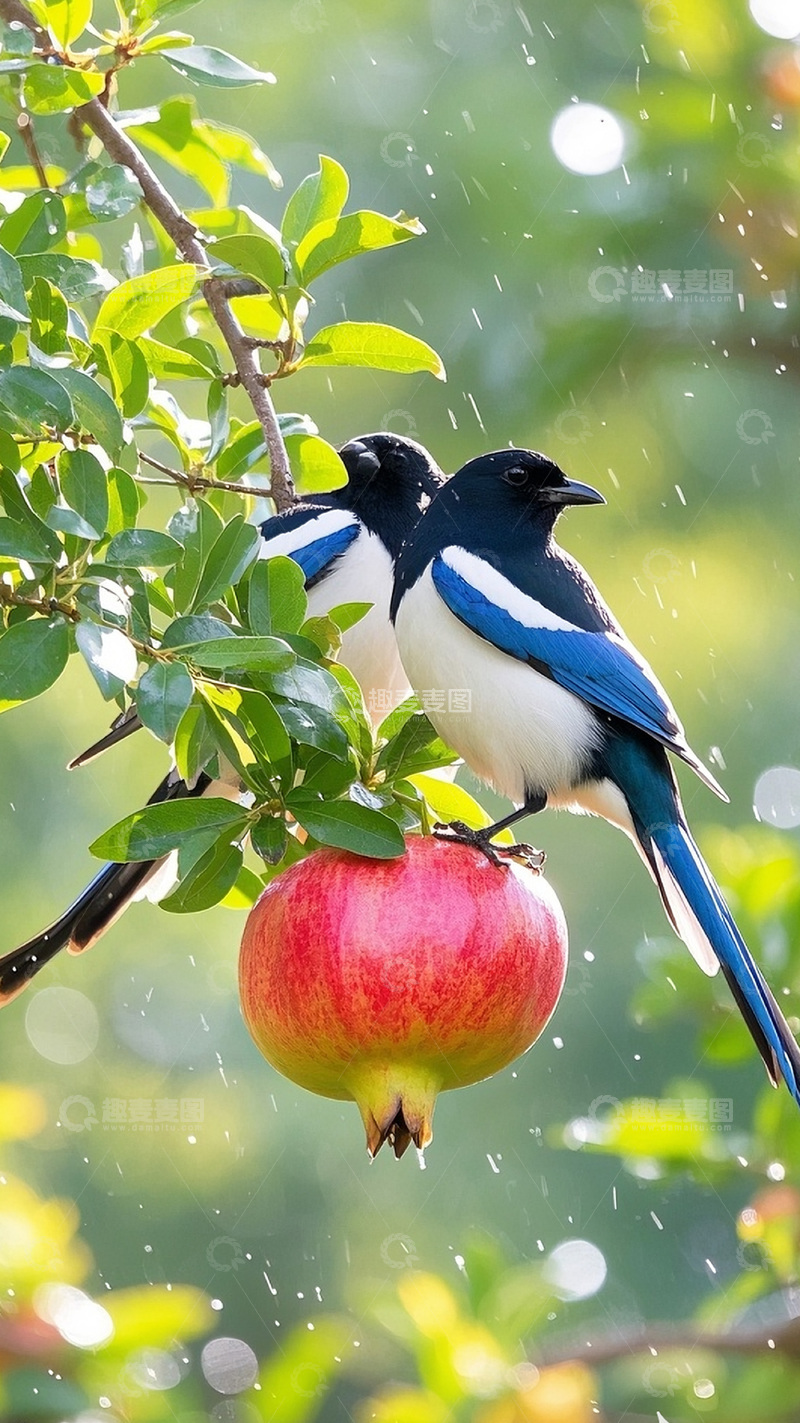 高清大图下载【趣麦麦图】枝头上的石榴喜鹊11