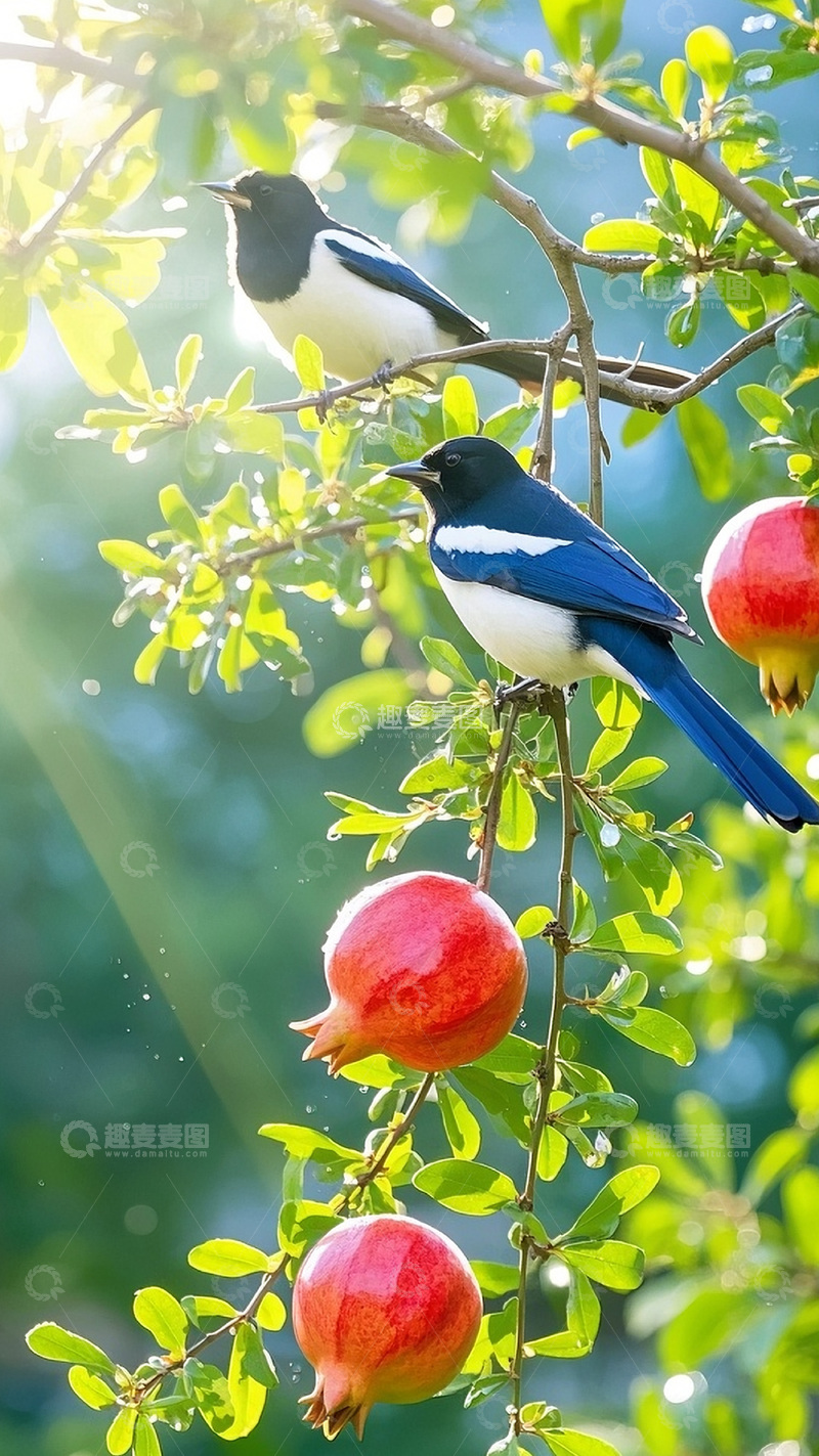 高清大图下载【趣麦麦图】枝头上的石榴喜鹊1