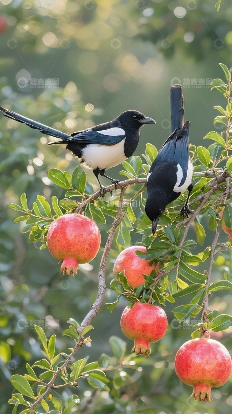 高清大图下载【趣麦麦图】枝头上的石榴喜鹊13