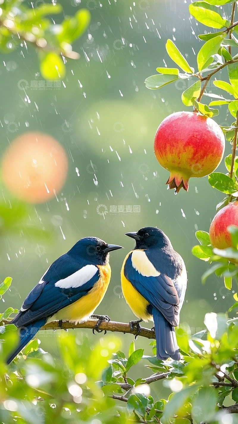 高清大图下载【趣麦麦图】枝头上的石榴喜鹊7