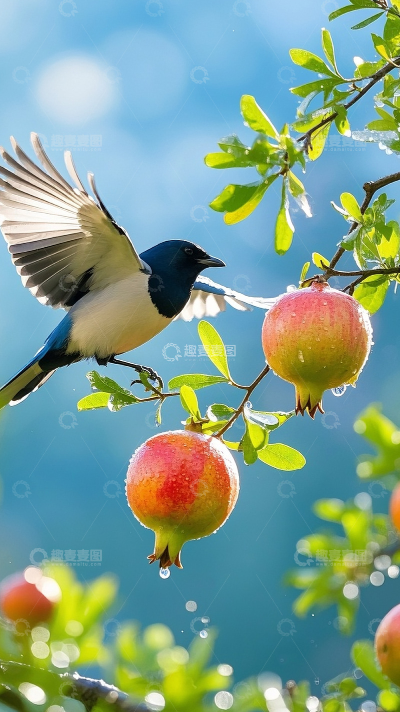 高清大图下载【趣麦麦图】枝头上的石榴喜鹊15