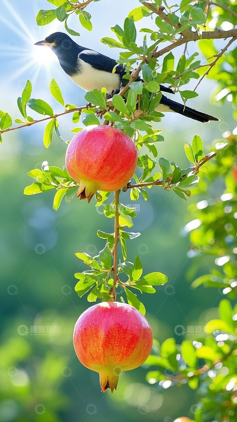 高清大图下载【趣麦麦图】枝头上的石榴喜鹊2