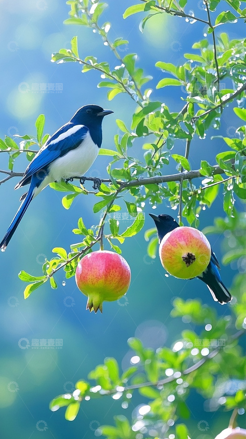 高清大图下载【趣麦麦图】枝头上的石榴喜鹊9