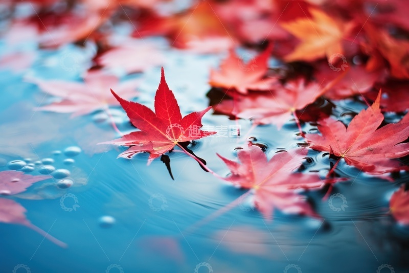 高清大图下载【趣麦麦图】湖面漂浮着红色的枫叶